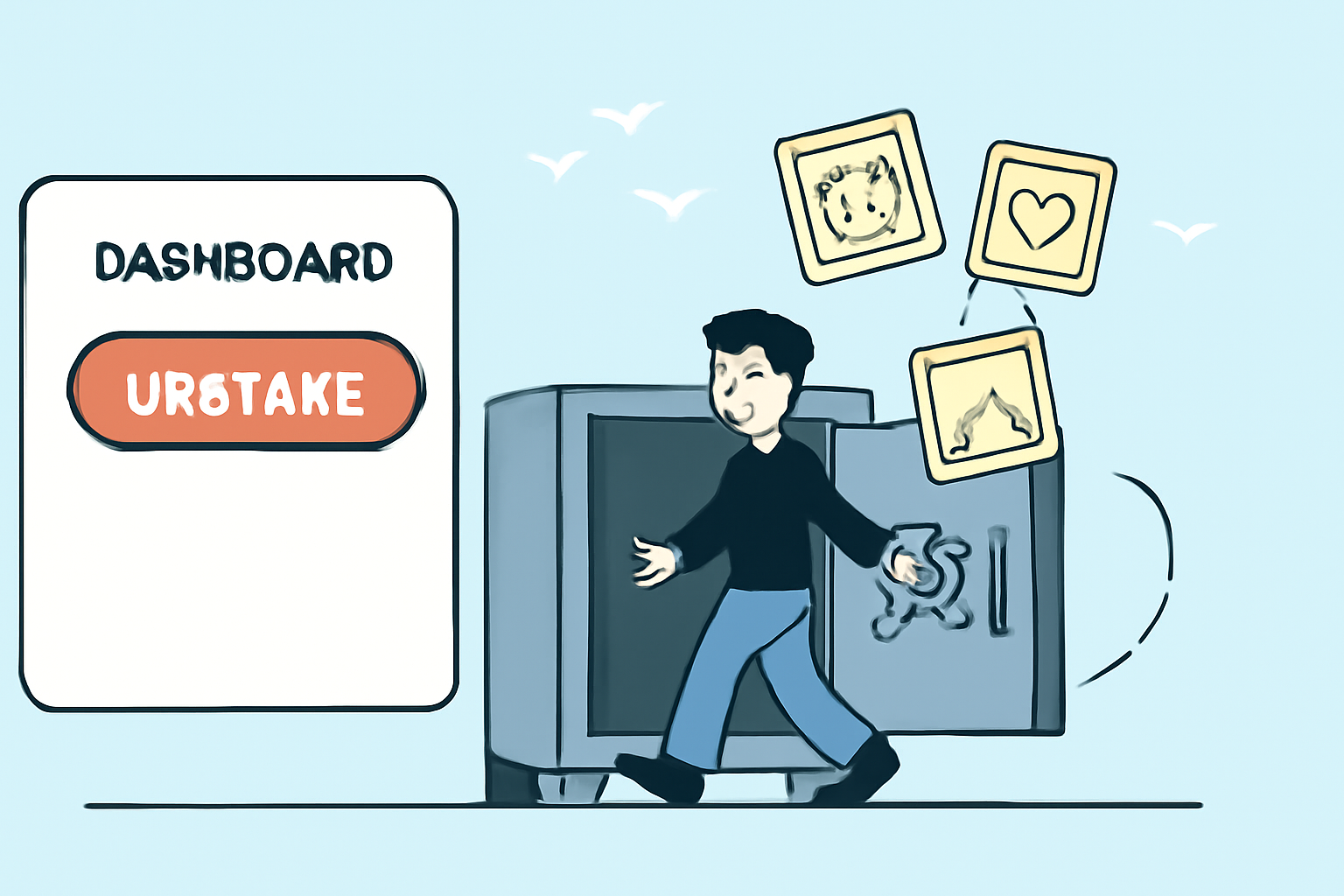 unstake button on dashboard, NFTs unlocking from vault, smooth exit animation, freedom theme