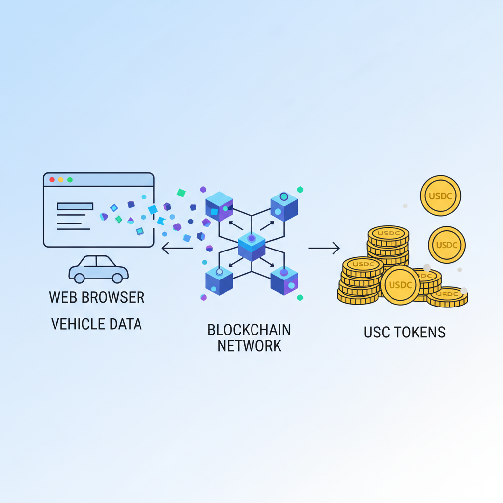 data particles streaming from browser and car to blockchain network, USDC coins accumulating dynamically