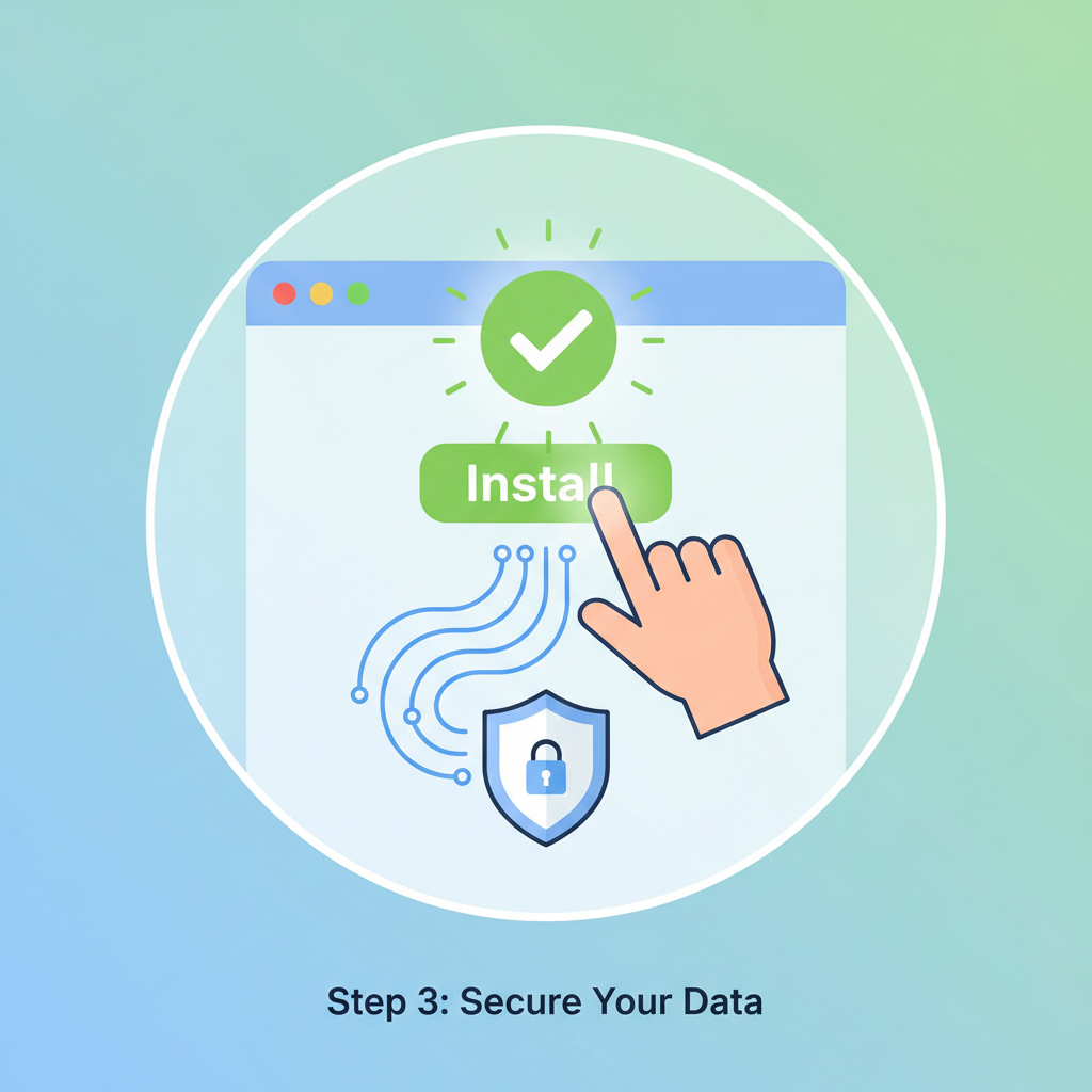hand installing browser extension or mobile app, green consent checkmark glowing, data streams flowing safely