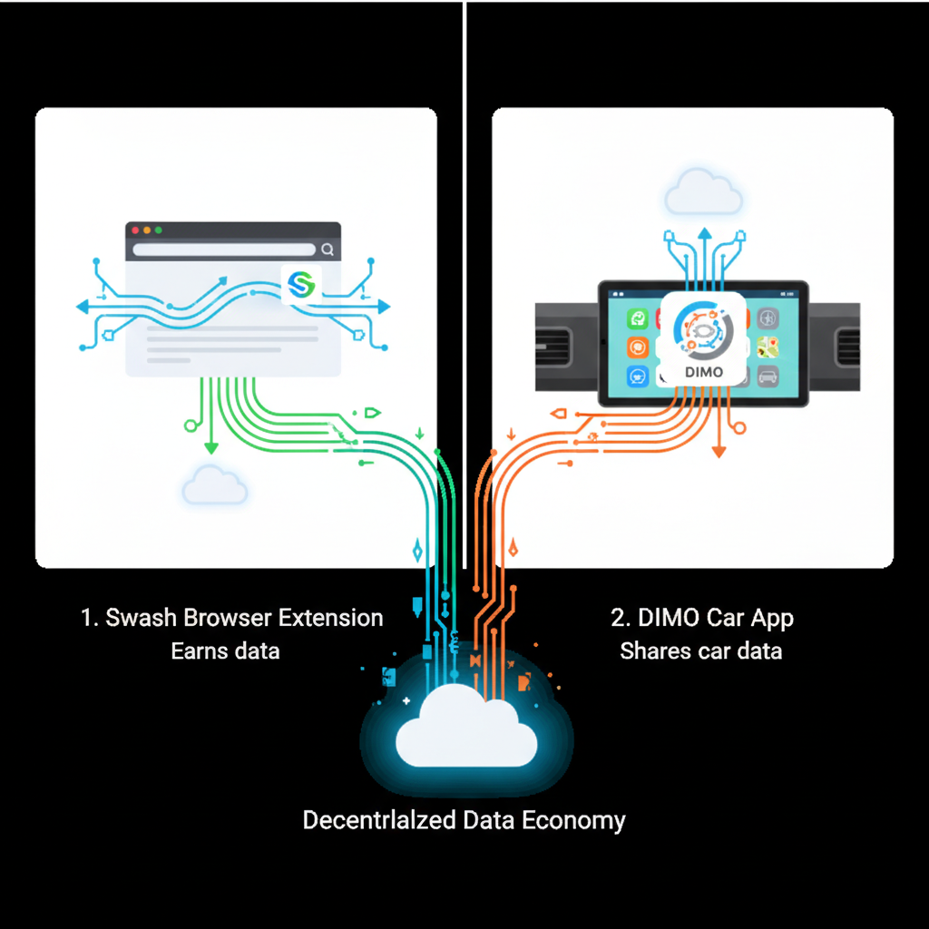 split screen showing Swash browser extension and DIMO car dashboard app icons, vibrant data flow graphics