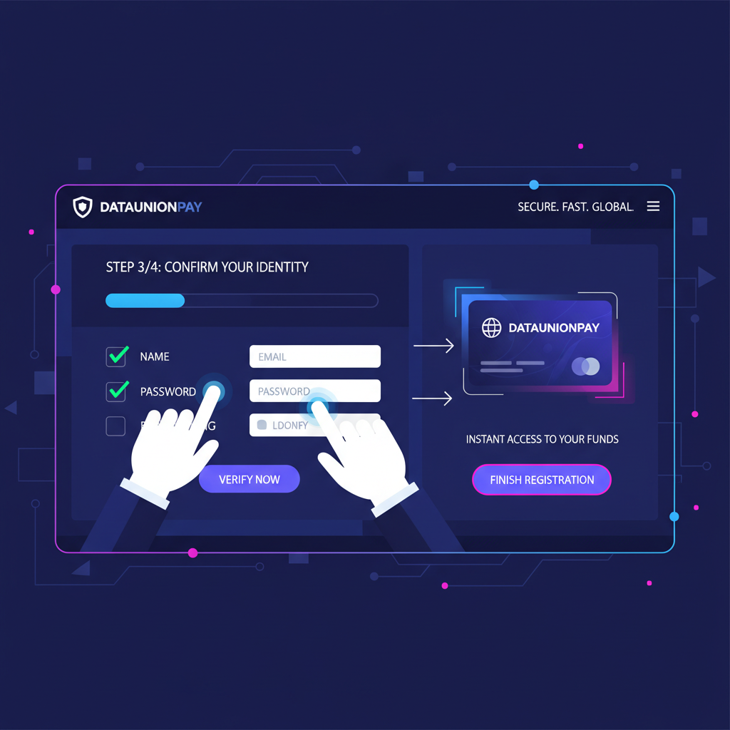 user rapidly signing up on sleek DataUnionPay website dashboard, neon cyber interface, urgent action vibe