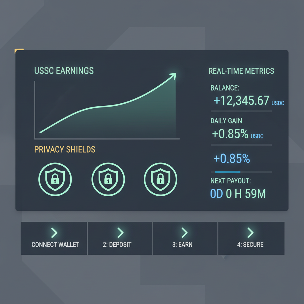 modern dashboard with rising USDC earnings graph, privacy shields icons, real-time metrics glowing