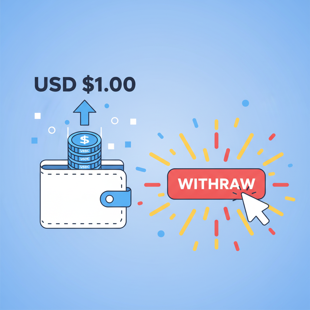 wallet receiving glowing USDC stack at exactly $1.00, withdrawal button pressed, triumphant explosion effect