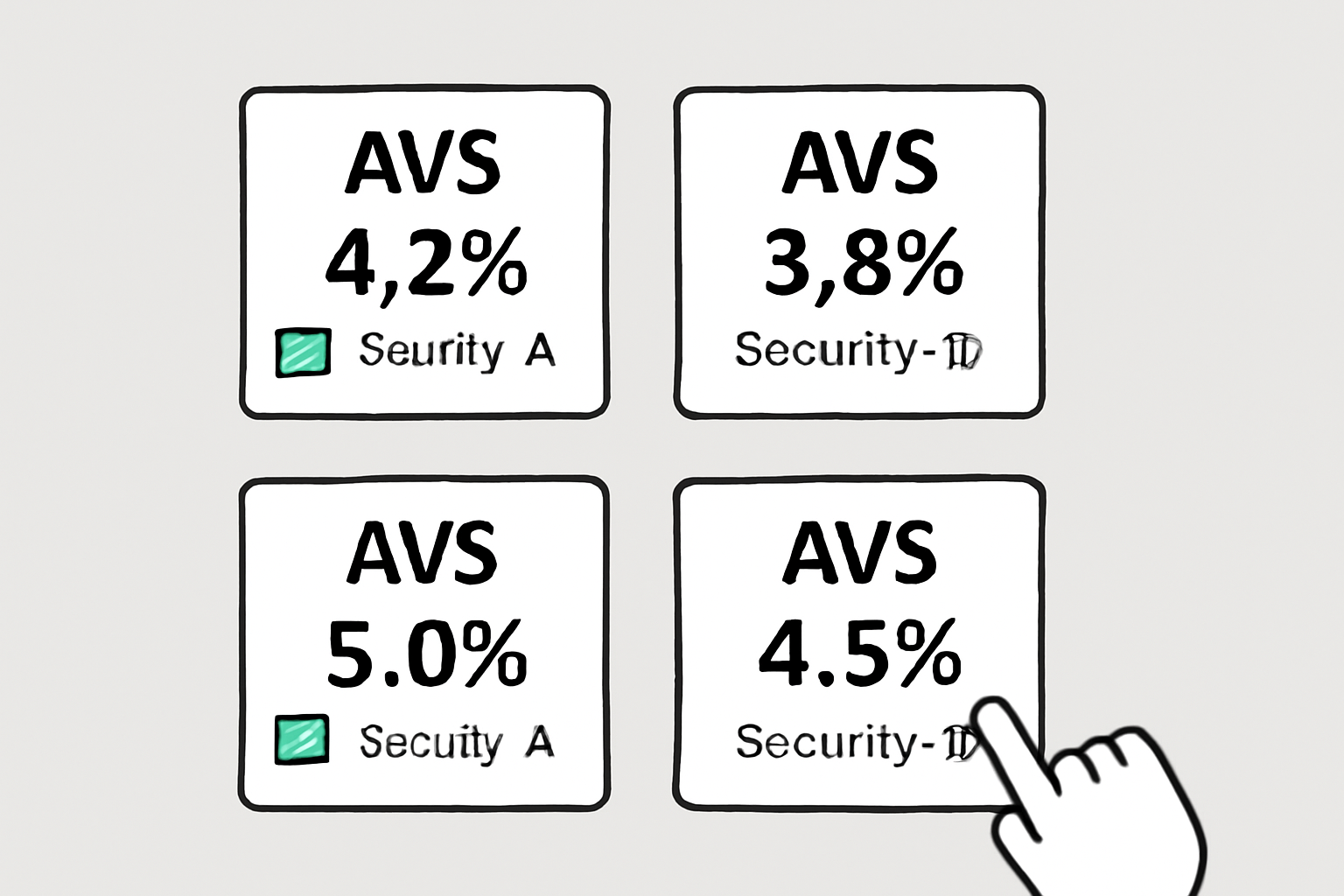A user interface displaying multiple AVSs, each with yield percentages and security ratings, as a user selects several.