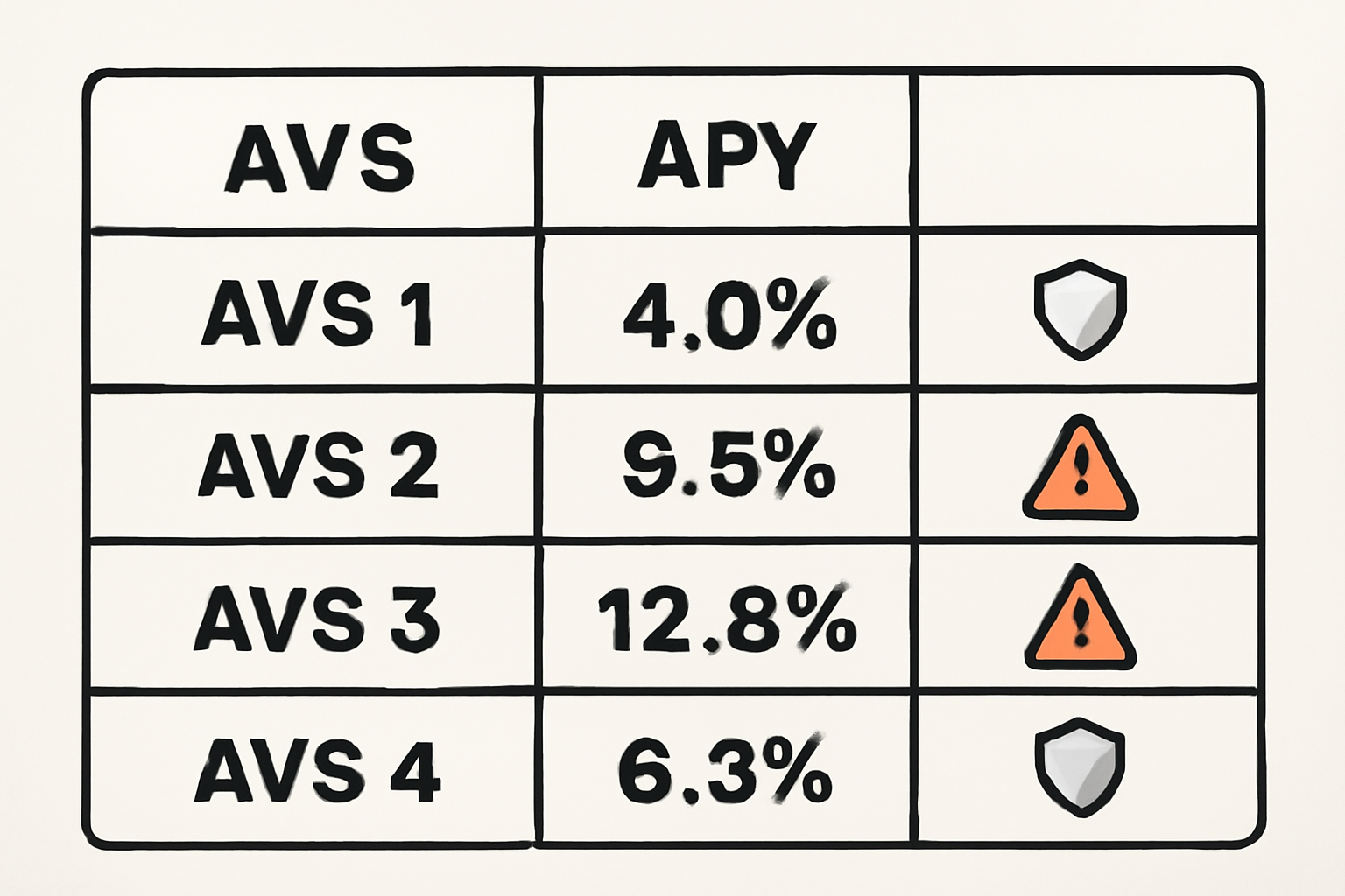 A chart comparing APY rates for different AVSs, with warning icons for high-risk options and shield icons for secure ones.