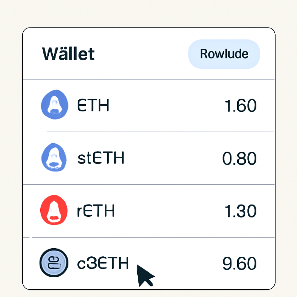 A wallet interface showing ETH and various LSTs, with a user selecting one for restaking.