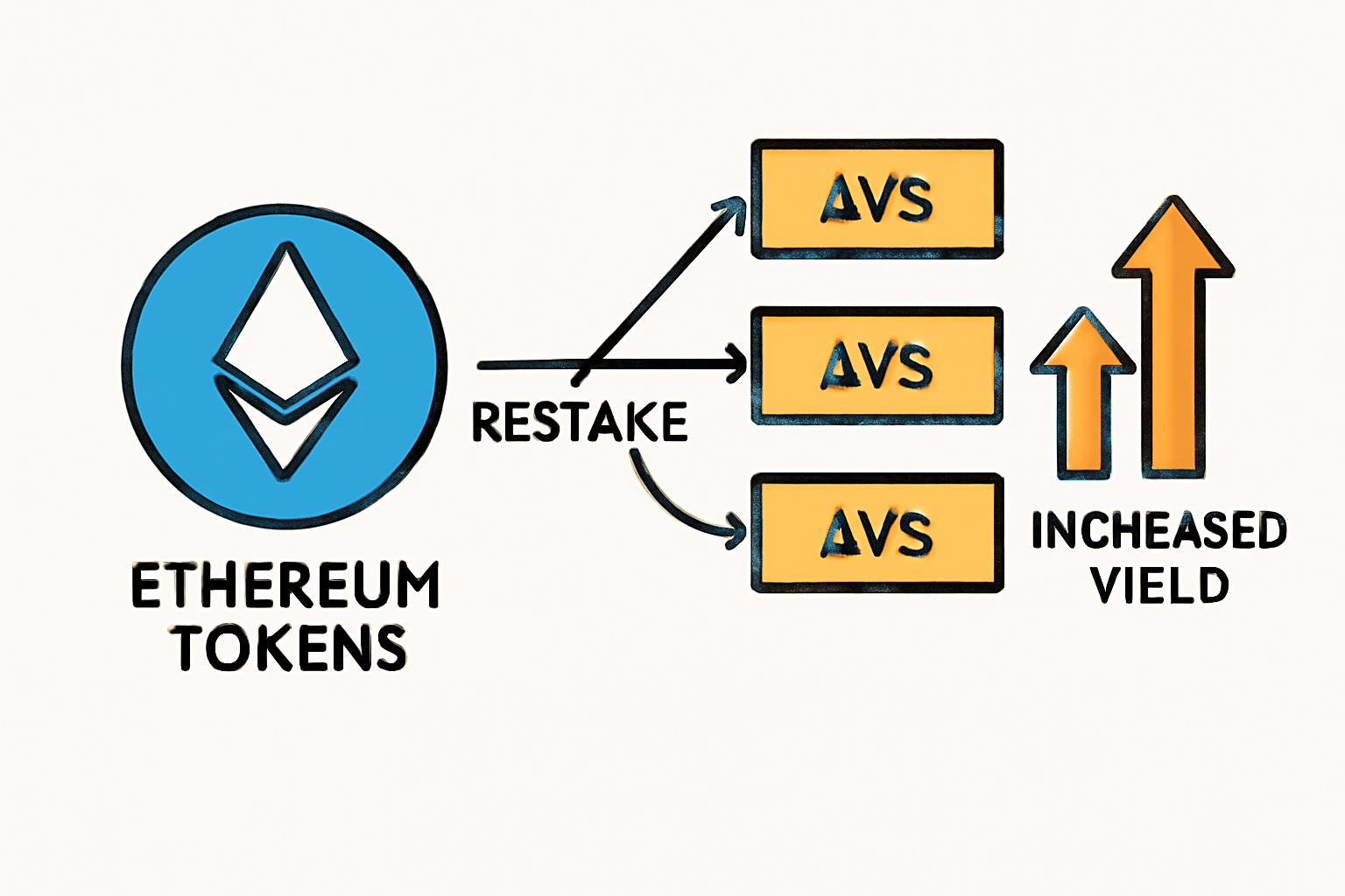 A diagram showing Ethereum tokens being restaked into multiple AVSs, with arrows indicating increased yield.