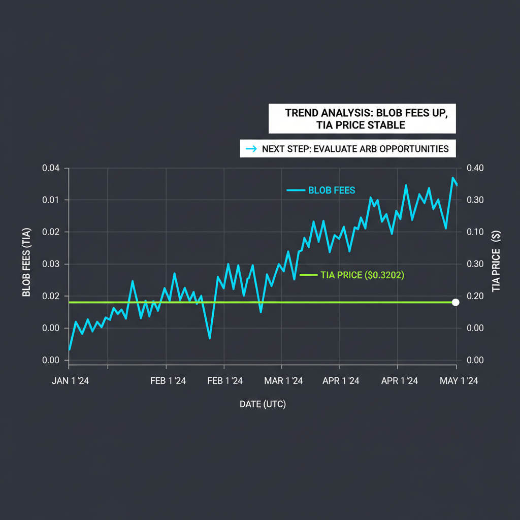 line chart Celestia blob fees vs TIA price $0.3202 trend analysis dark mode technical