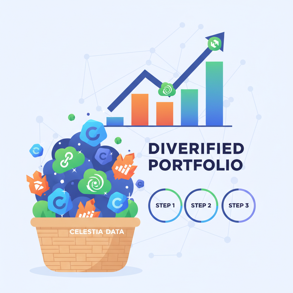 basket of digital Celestia data blobs icons diversified portfolio chart modern crypto style