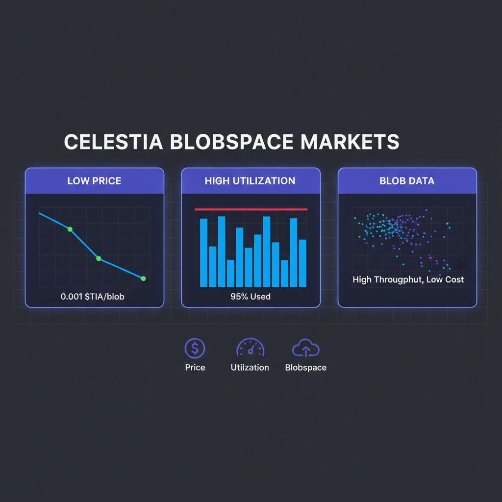 technical dashboard screenshot Celestia blobspace markets low price high utilization charts glowing screens