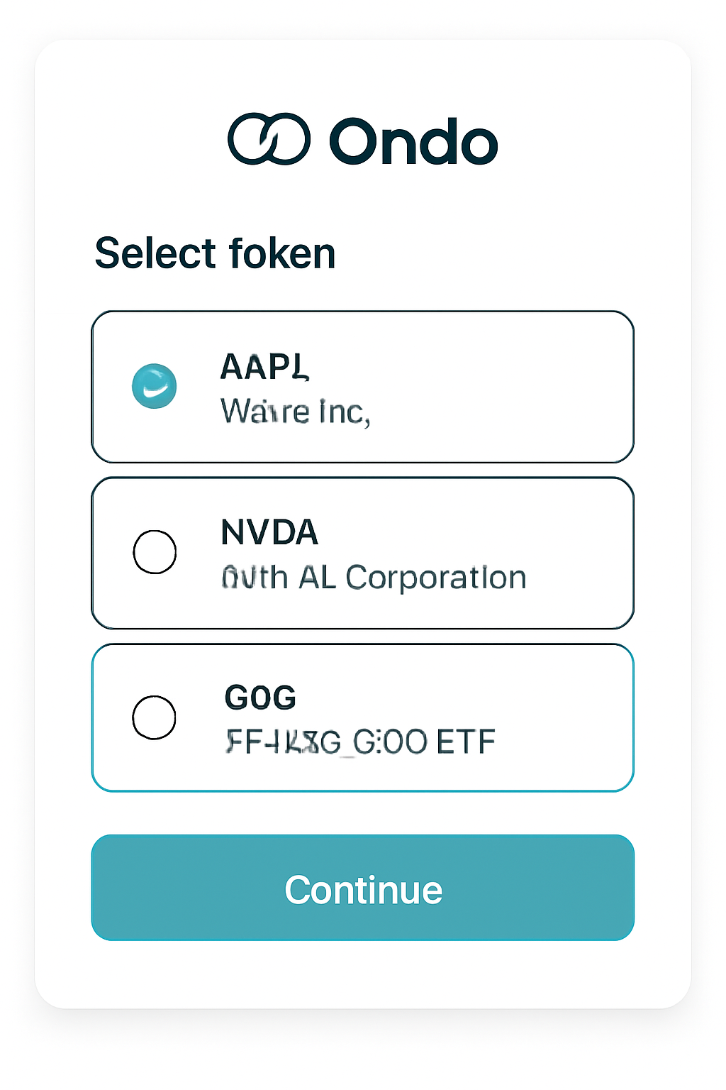 sleek UI selecting AAPL NVDA QQQ tokenized stocks on Ondo platform