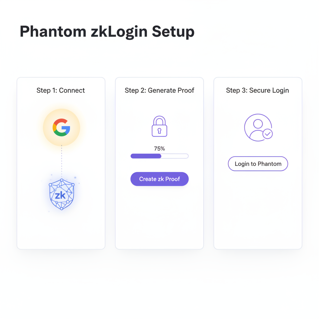 Phantom zkLogin setup interface linking Google, zk proof icon glowing