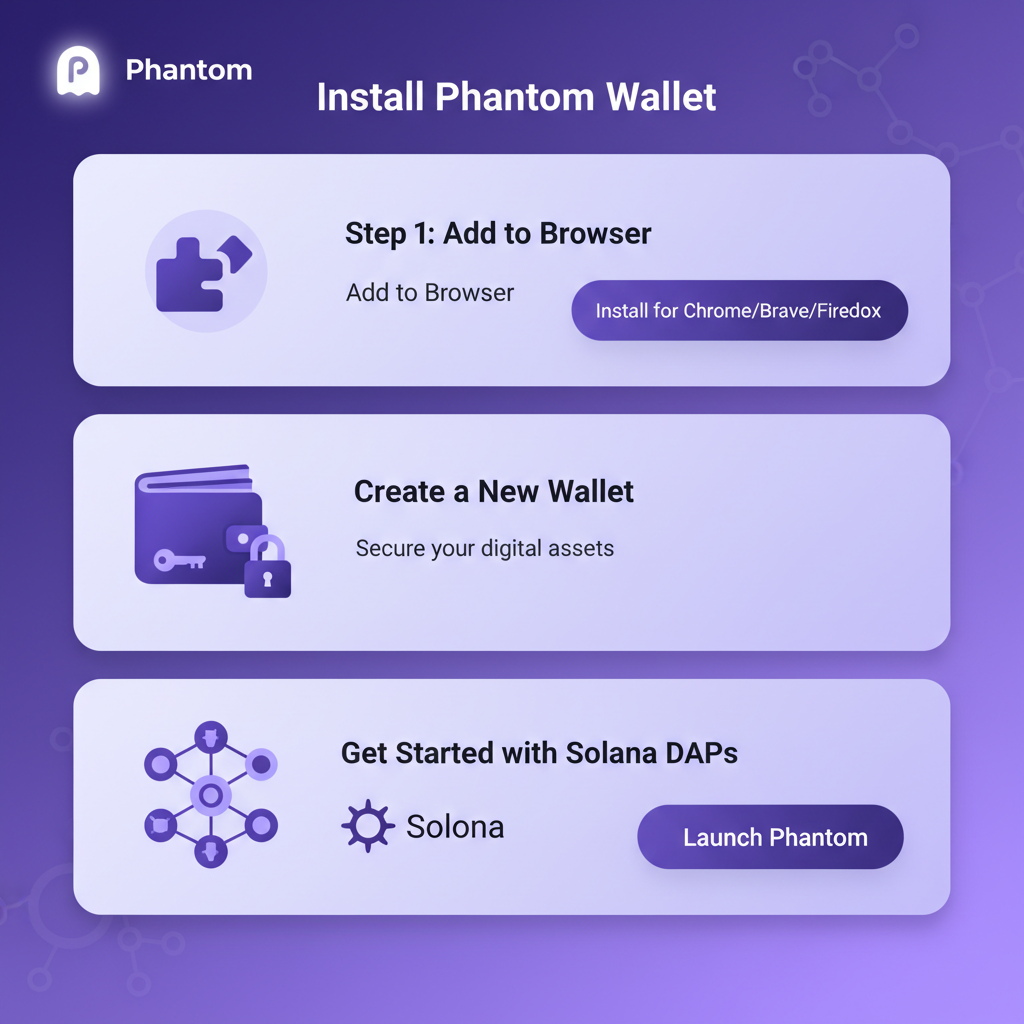 Phantom wallet installation screen on desktop browser, purple Solana theme, clean UI