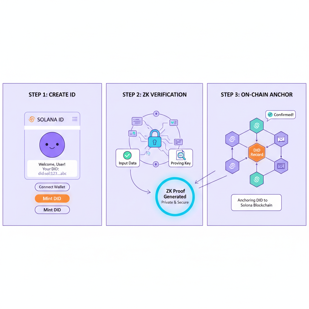 Solana ID DID minting dashboard, zk verification flow, blockchain network