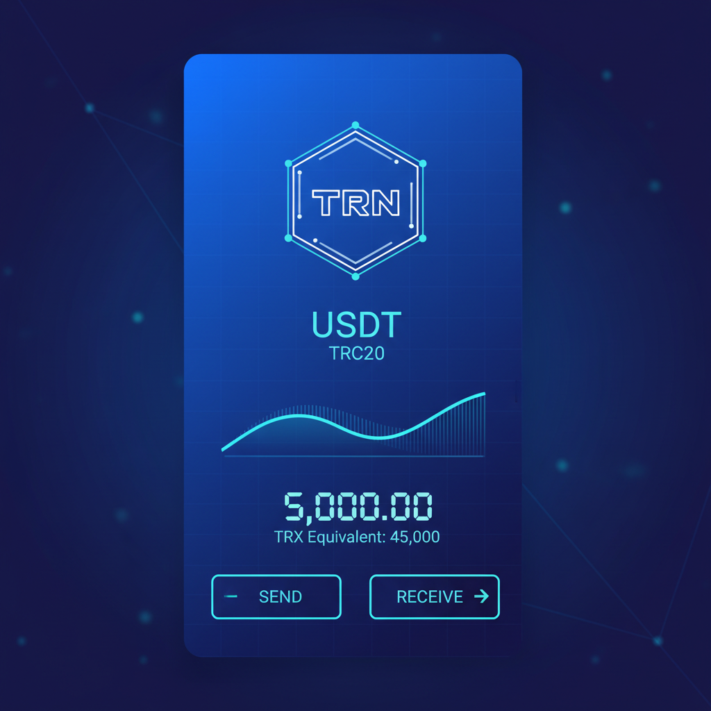 sleek mobile wallet interface showing USDT on TRON network, neon blue tones, futuristic