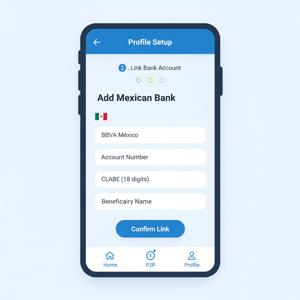 smartphone screen showing Binance P2P profile setup with Mexican bank link, clean UI, blue tones