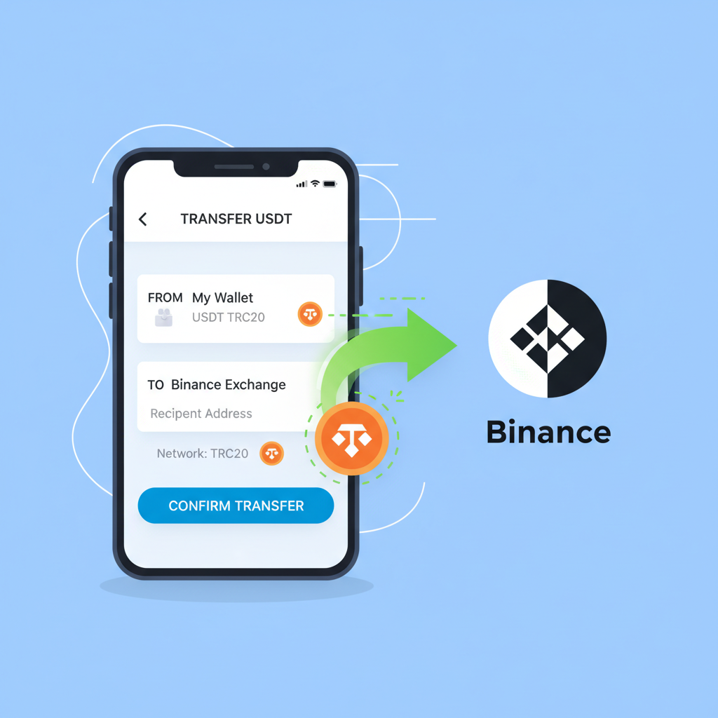 crypto wallet app transferring USDT TRC20 to Binance, Tron network icon, green arrow animation