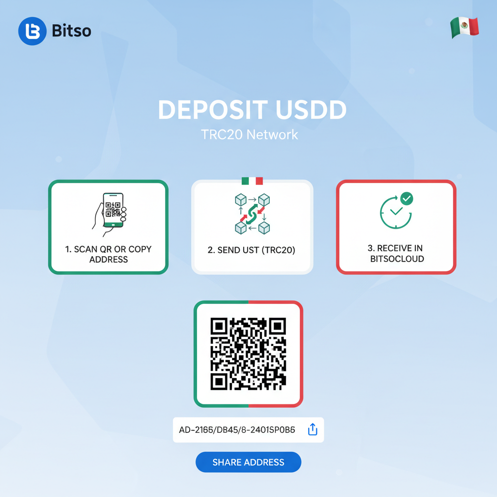 Bitso app deposit screen for USDT TRC20, clean UI, Mexican flag accents