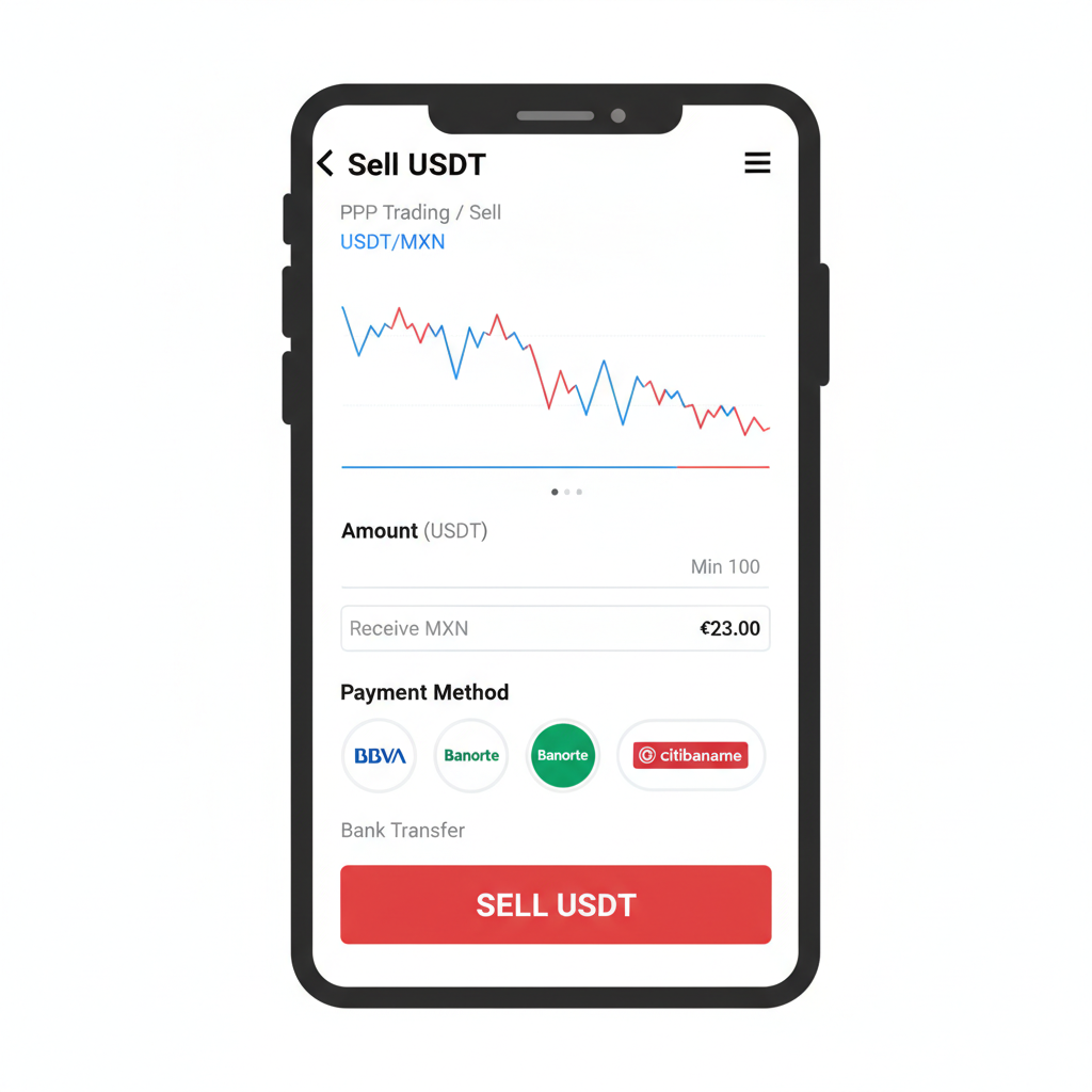 Binance P2P sell order screen for USDT MXN, price chart, bank options, aggressive red sell button