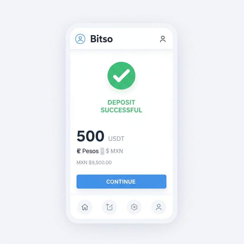 Bitso balance screen showing 500 USDT deposited, green checkmark, peso symbols