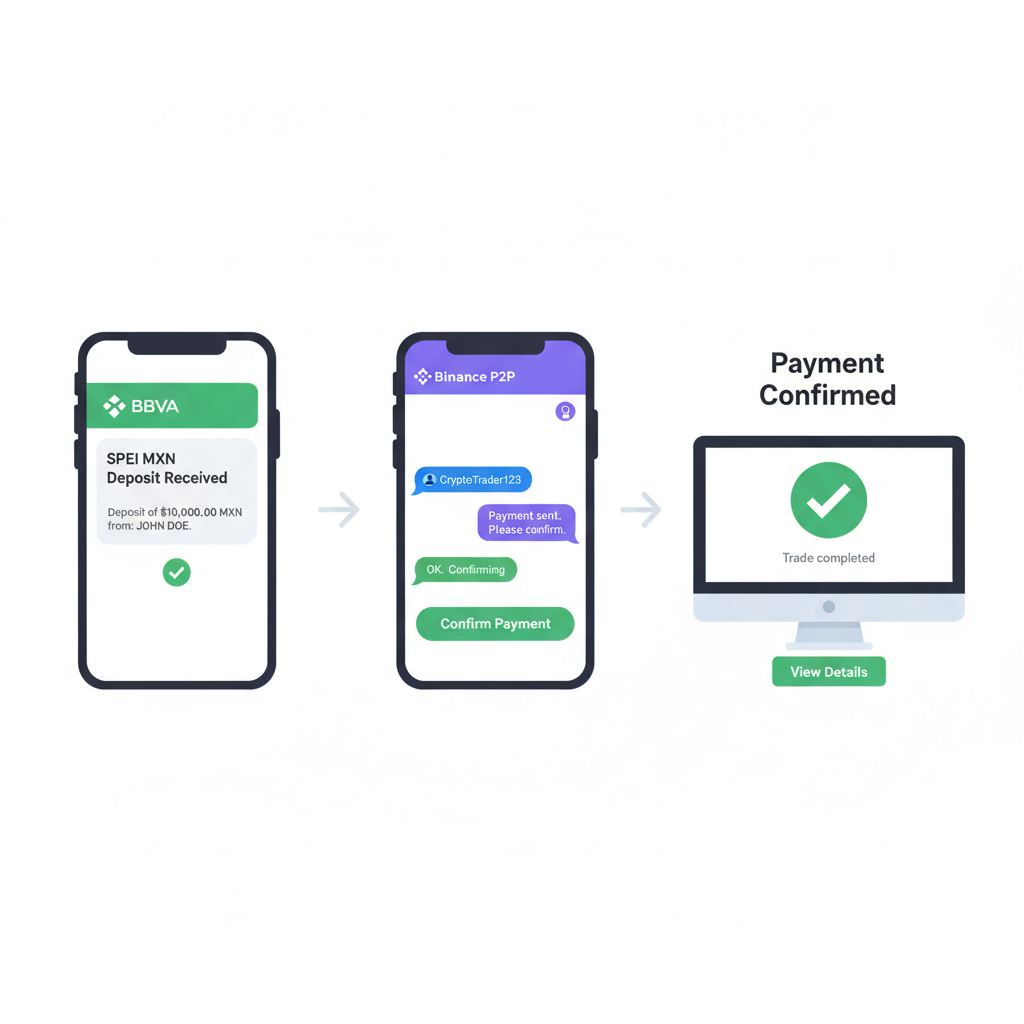 bank app notification SPEI MXN deposit received, Binance P2P trade chat confirming payment