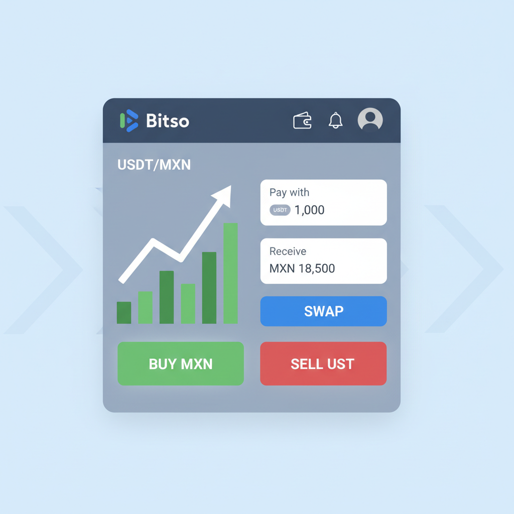 Bitso exchange interface swapping USDT to MXN, charts spiking up
