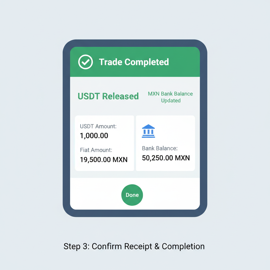 Binance P2P trade completed screen, USDT released, MXN bank balance update, success checkmark