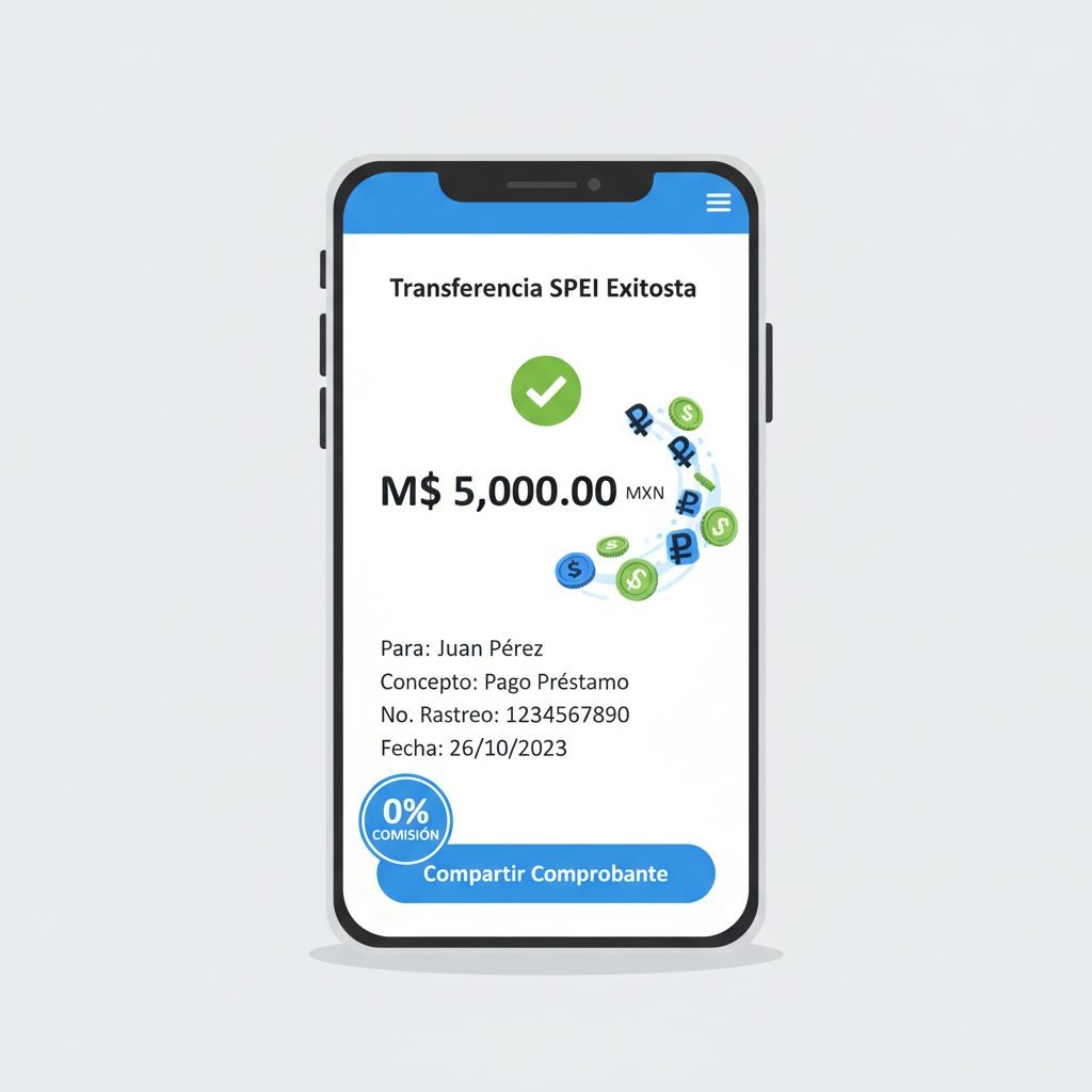 SPEI transfer confirmation on banking app, Mexican pesos flowing, zero fee badge