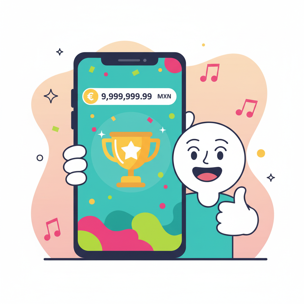 happy user checking bank app with full MXN balance, trophy icon, festive colors