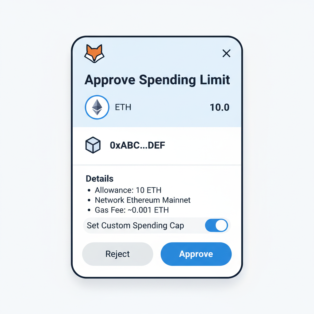 MetaMask approval screen for ETH spending, contract details, approve button