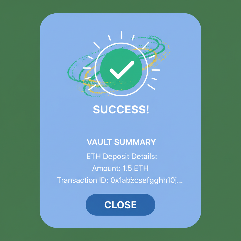 transaction confirmation popup, vault summary, ETH deposit details, success animation