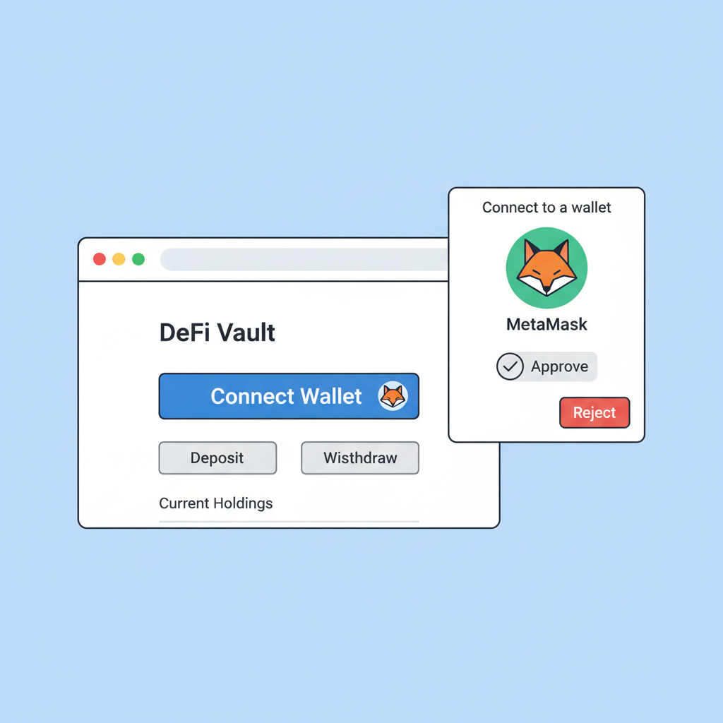 user interface connecting MetaMask wallet to DeFi vault site, clean buttons, wallet popup