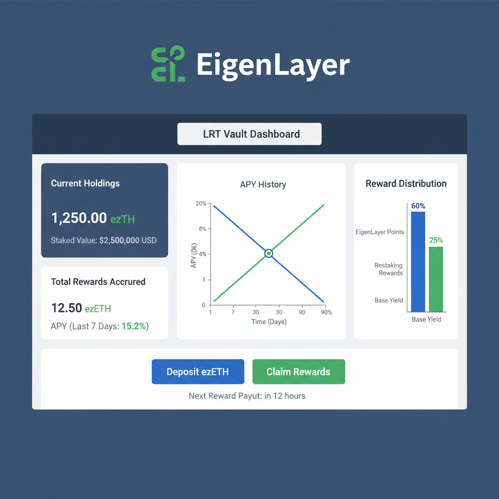 user dashboard with LRT vault stats, APY graphs, reward accrual, EigenLayer branding