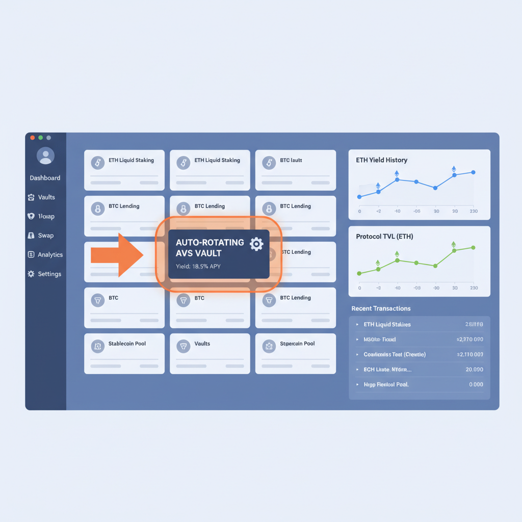DeFi dashboard listing vaults, highlighted auto-rotating AVS vault card, yield charts, ETH symbols