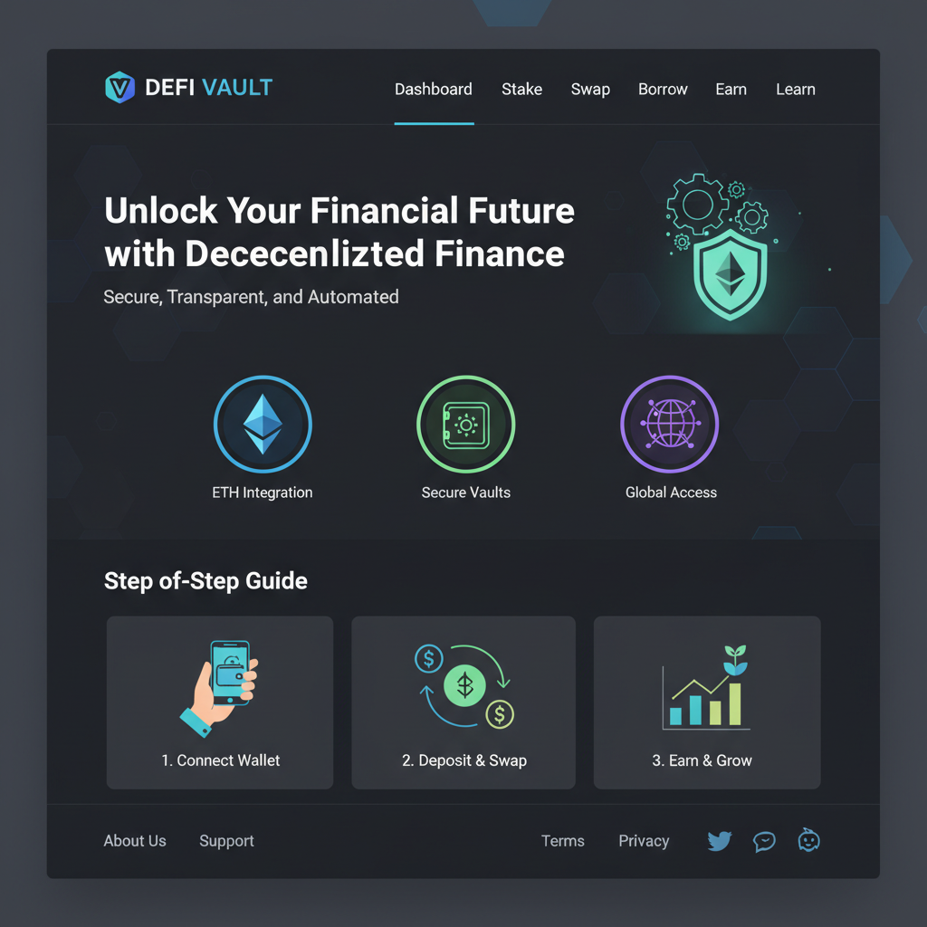 modern crypto DeFi website homepage, sleek dark UI, ETH and vault icons, professional design