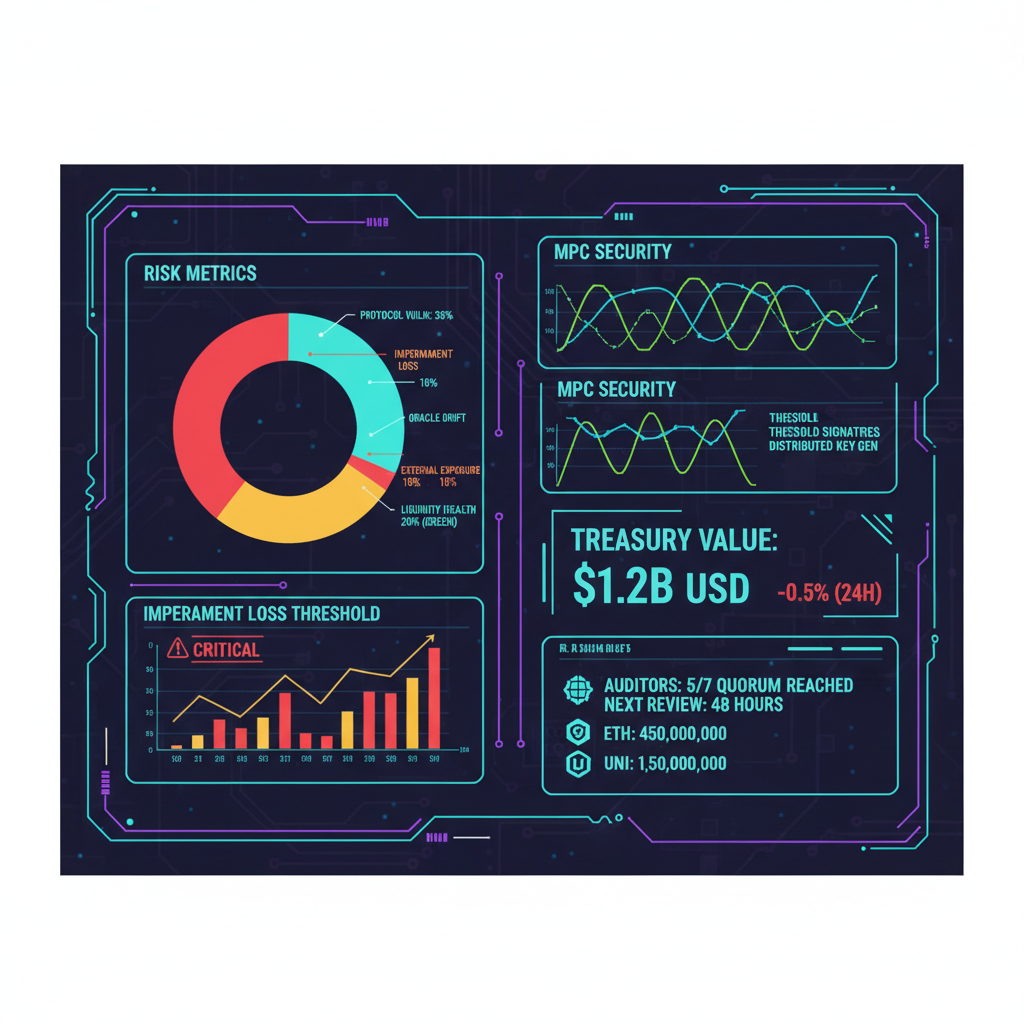 /imagine futuristic DAO treasury audit dashboard glowing with risk metrics and MPC security graphs, cyberpunk style