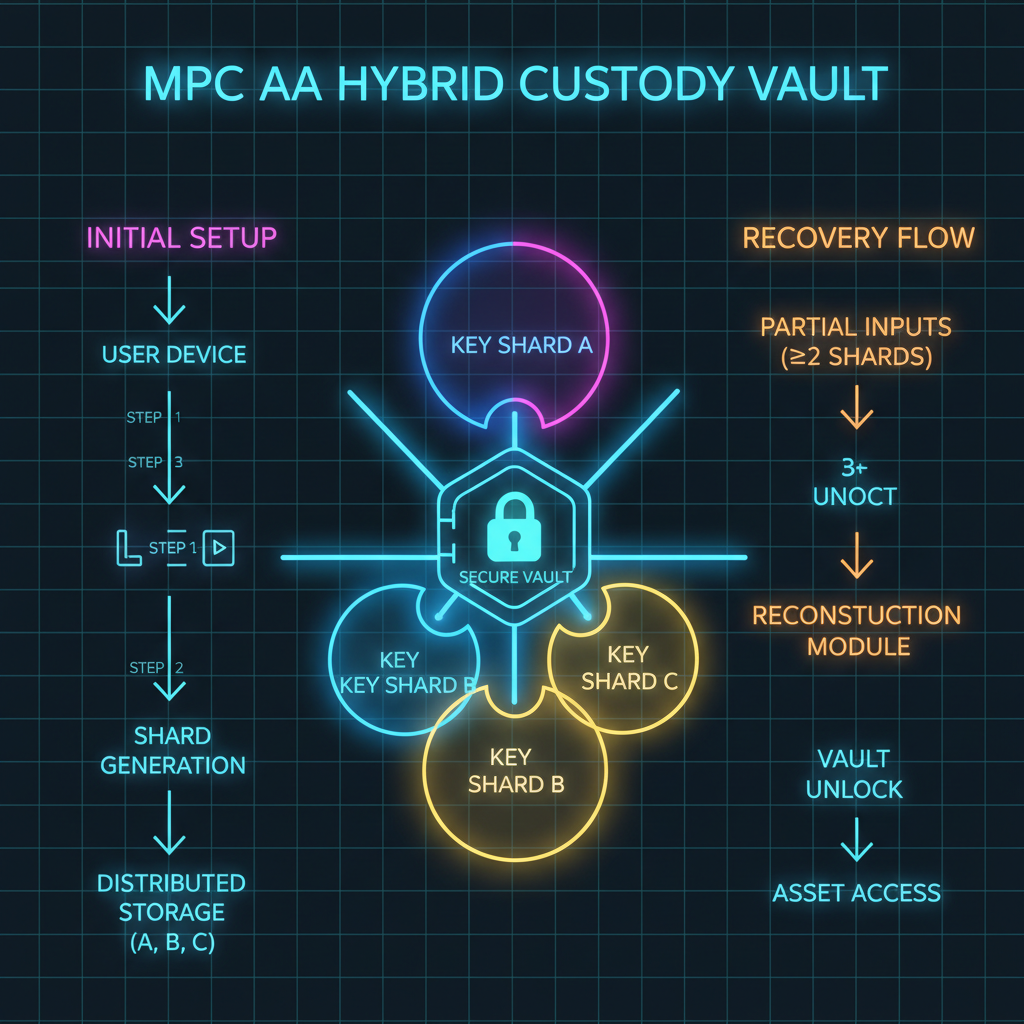 /imagine digital blueprint of MPC AA hybrid custody vault with key shards and recovery flows, neon holographic style