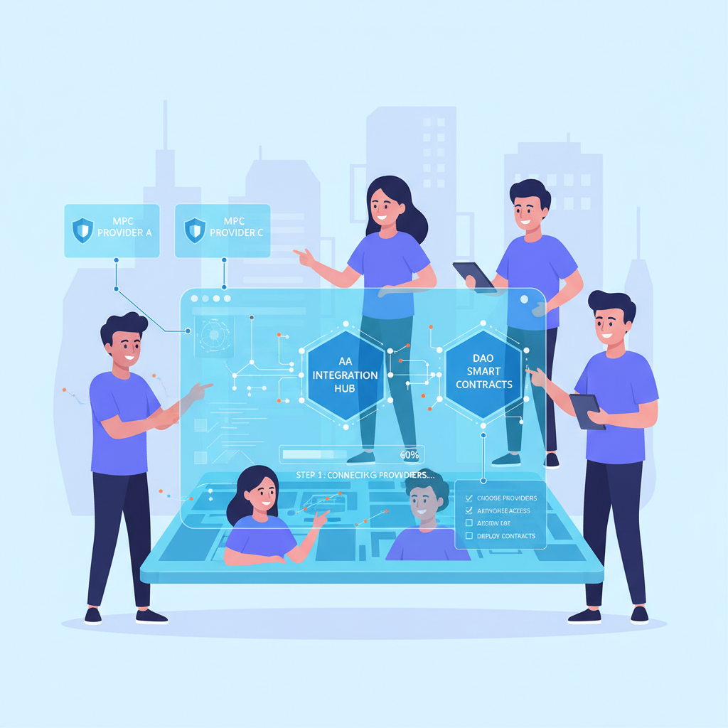 /imagine DAO team integrating MPC AA providers on holographic screens, dynamic cyber interface