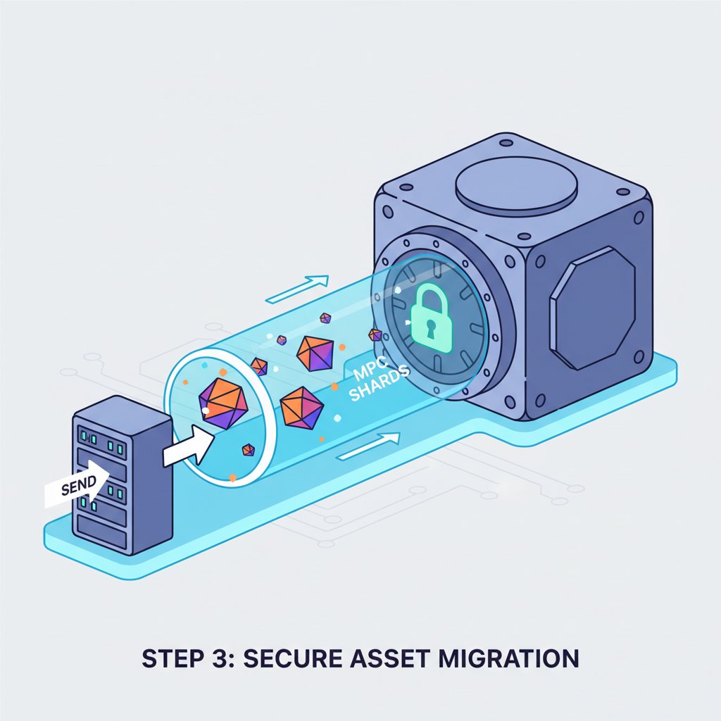 /imagine secure asset migration tunnel with MPC shards flowing safely, high-tech vault transfer animation