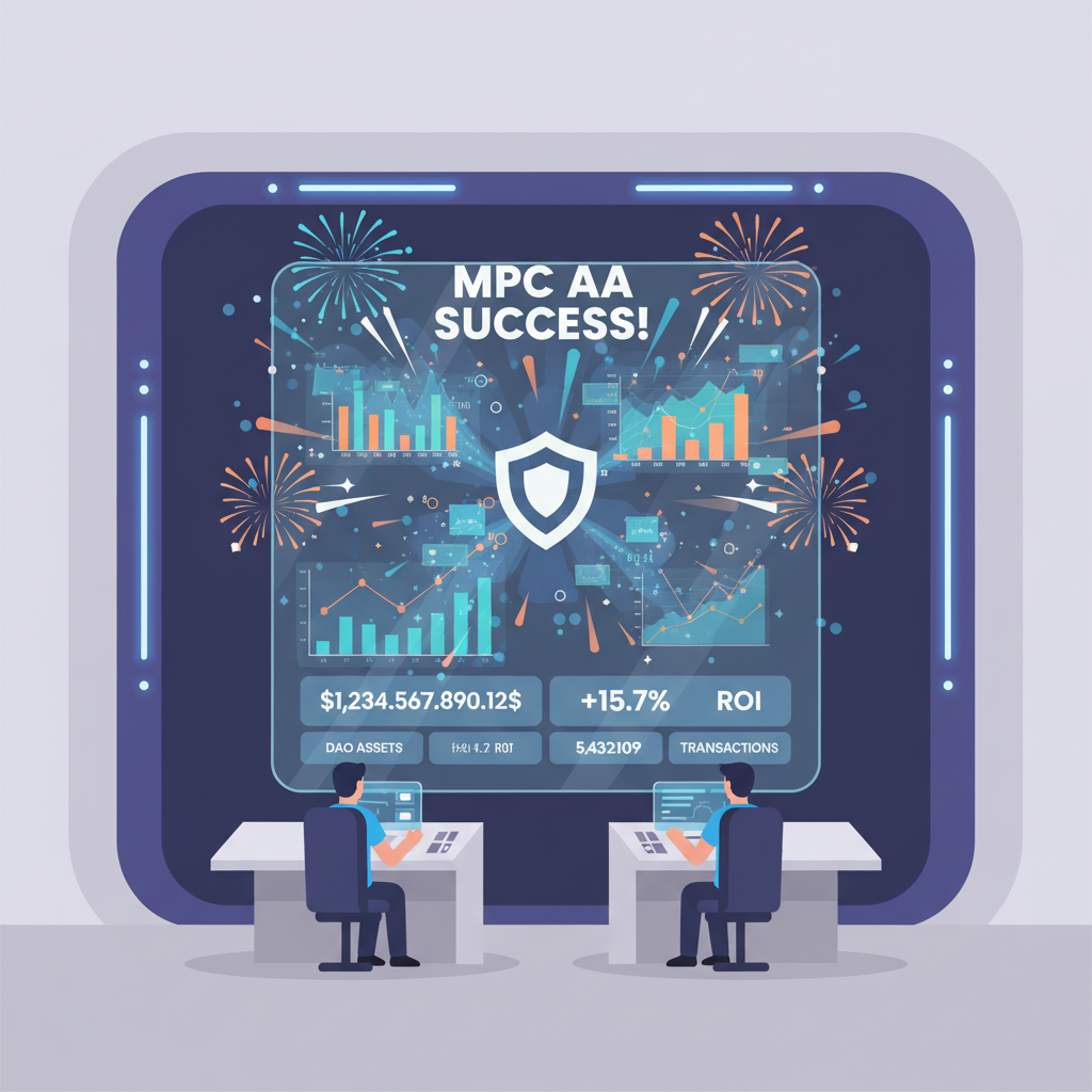 /imagine DAO treasury live dashboard exploding with metrics, MPC AA success fireworks, futuristic control room