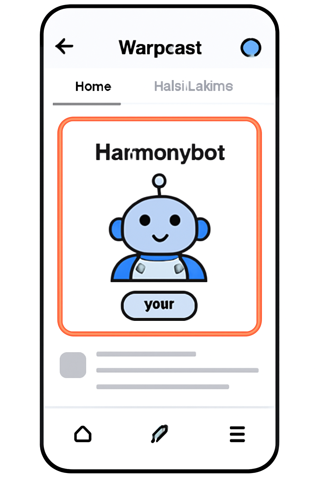 Warpcast app interface with Harmonybot mini-app frame highlighted
