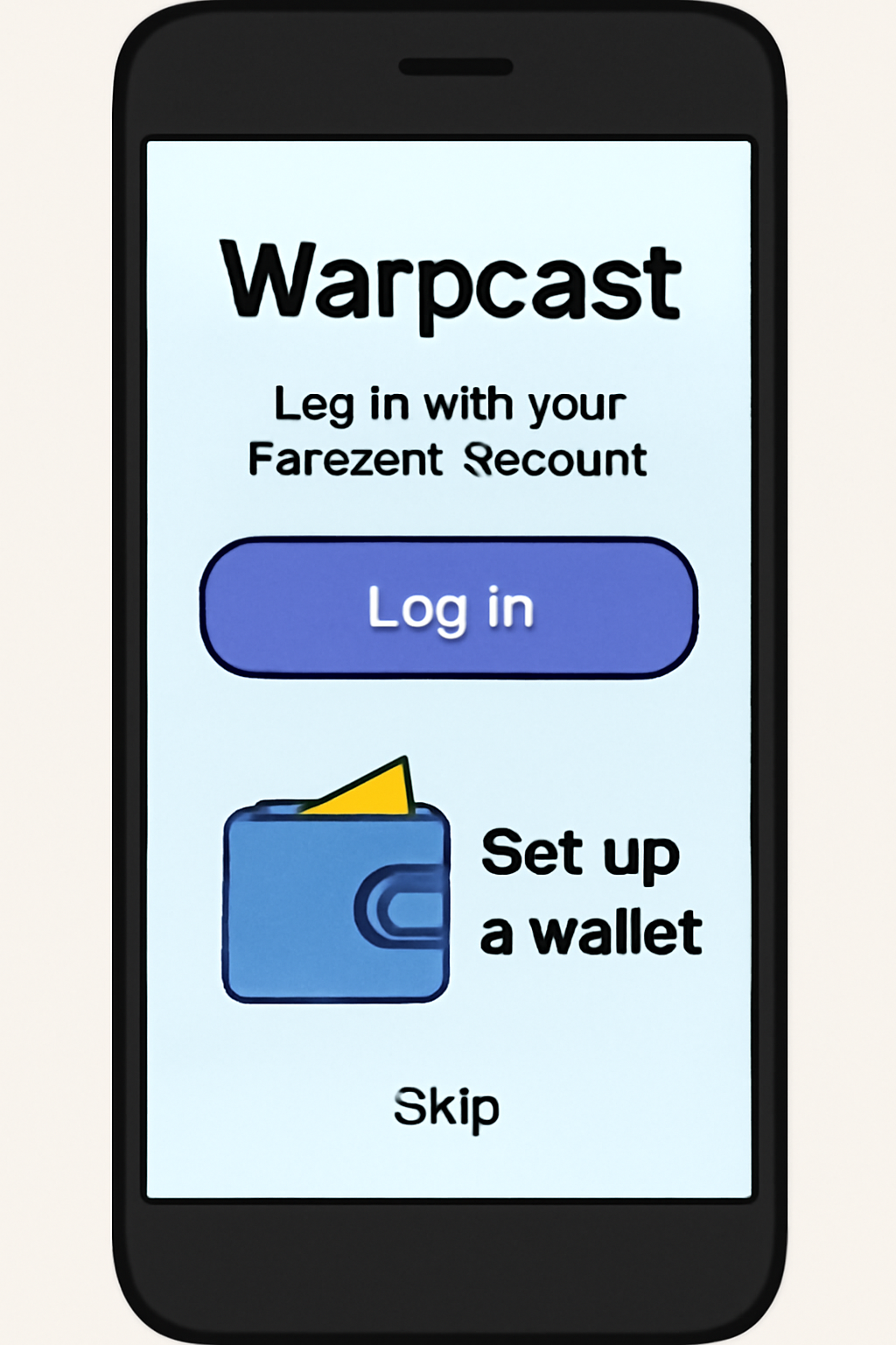 smartphone screen showing Warpcast app login and wallet setup