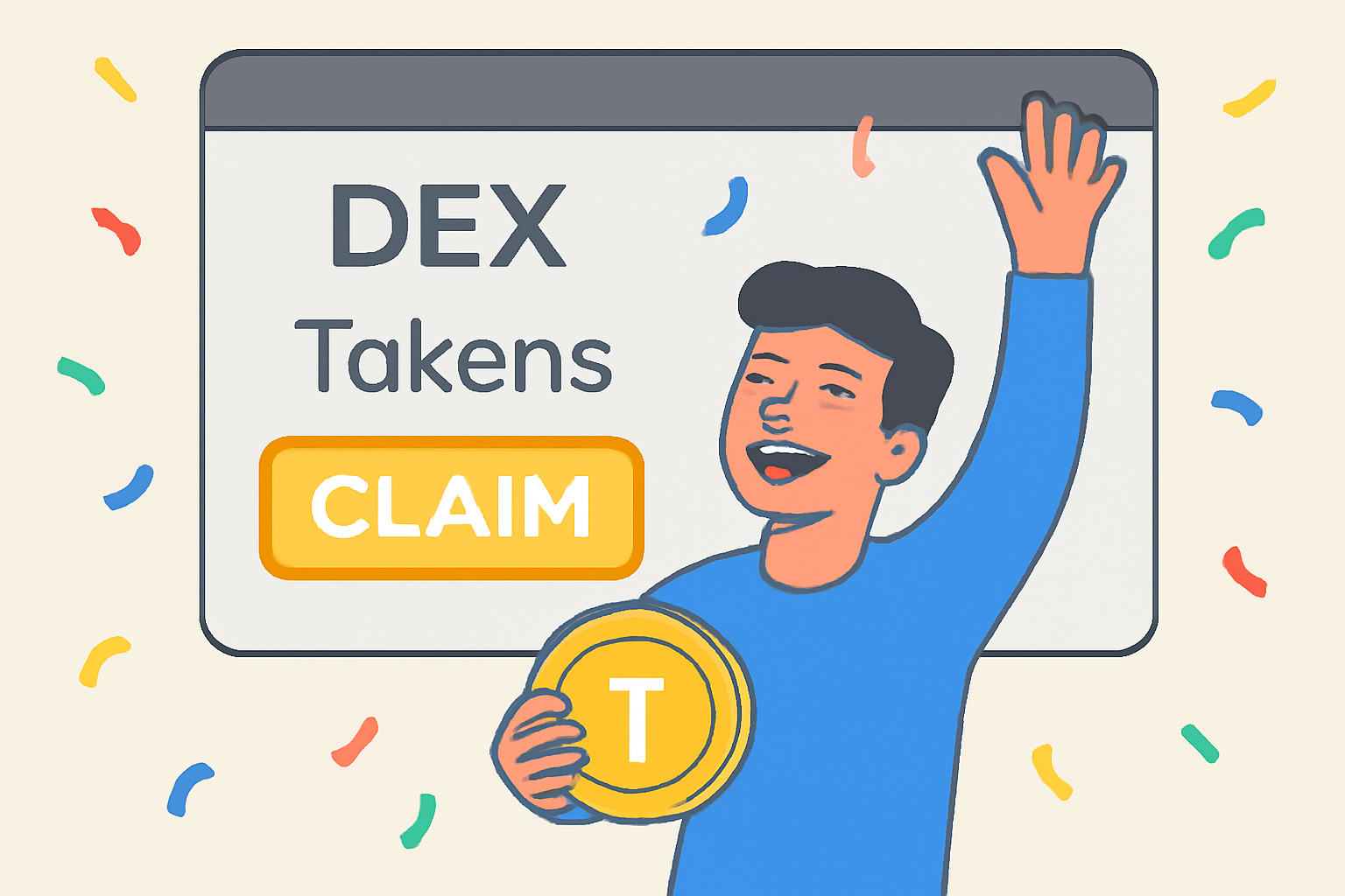 A person happily claiming tokens from a DEX interface, with confetti and a 'Claim' button glowing