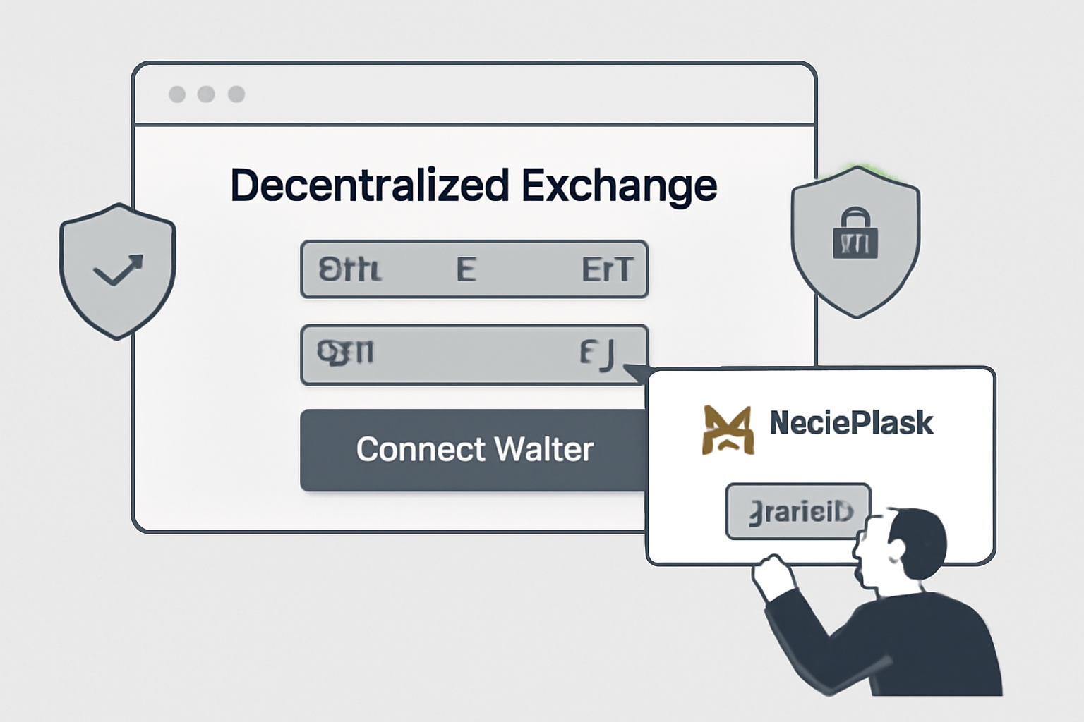 A user connecting their MetaMask wallet to a modern decentralized exchange interface, with security icons and a web browser window