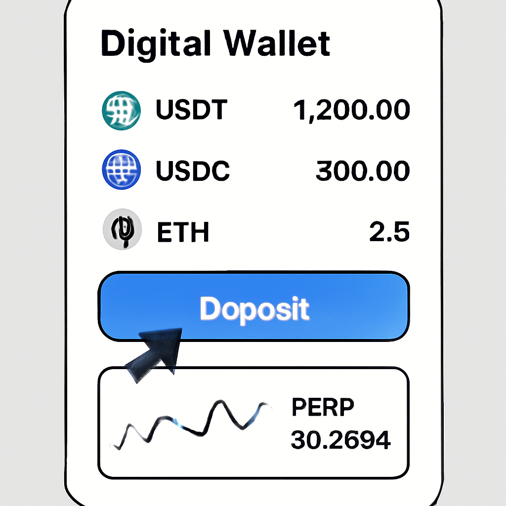 A digital wallet showing USDT, USDC, and ETH balances, with a deposit button highlighted and a chart showing PERP at $0.2694