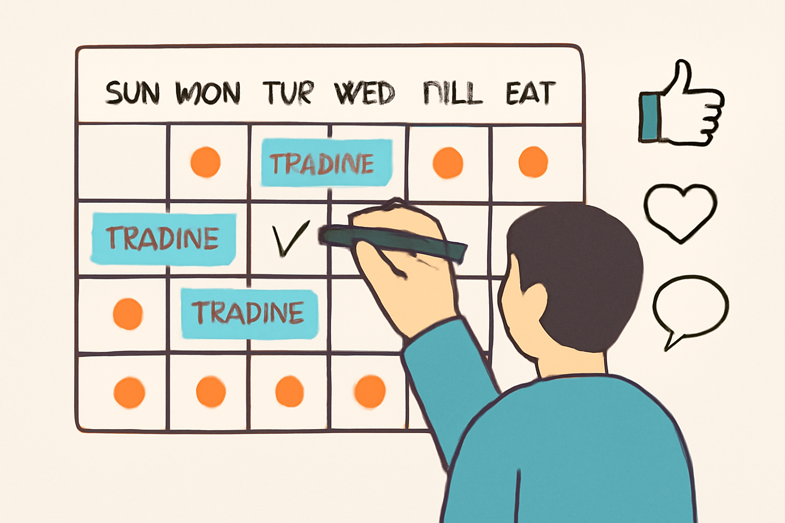 A calendar with recurring events marked, a user checking off weekly trading activities, and engagement icons