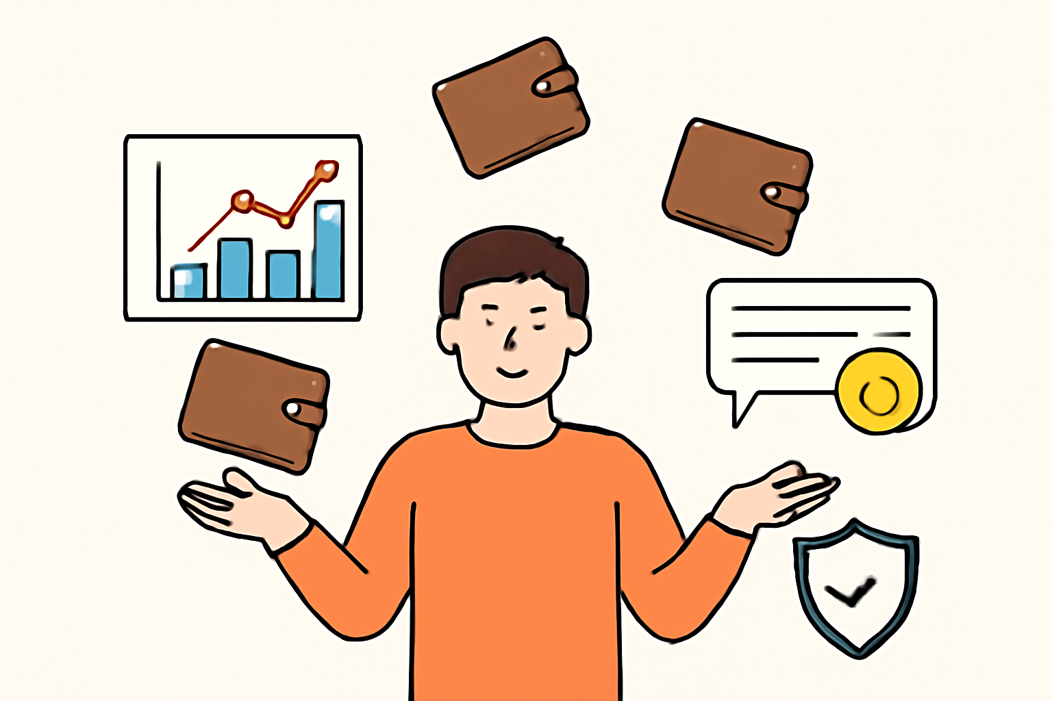 A person juggling multiple wallets, checking analytics charts, and joining a crypto community chat, with a shield icon for security
