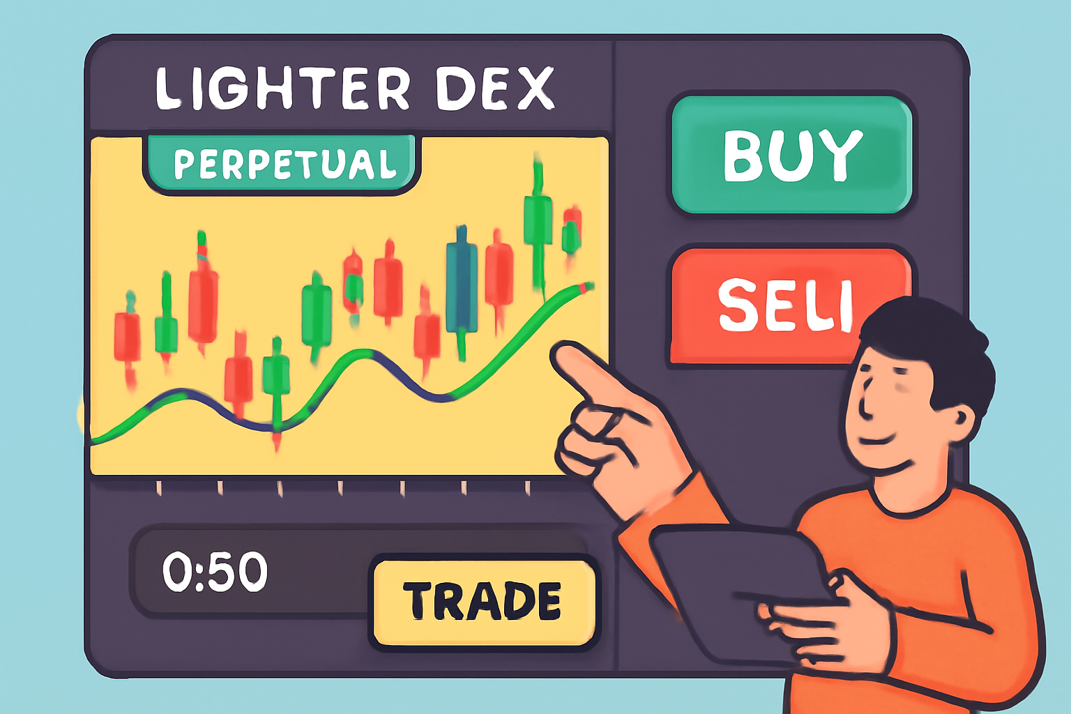 A lively trading dashboard with perpetual contract charts, buy/sell buttons, and a user making a trade on Lighter DEX