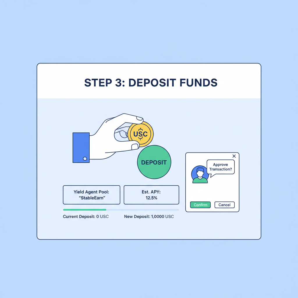 user depositing USDC into DeFi yield agent interface