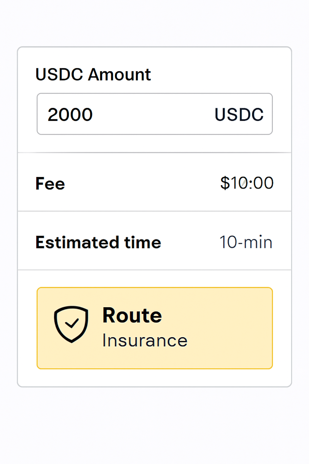 A form with USDC amount entry, fee breakdown, estimated time, and a highlighted route insurance badge.